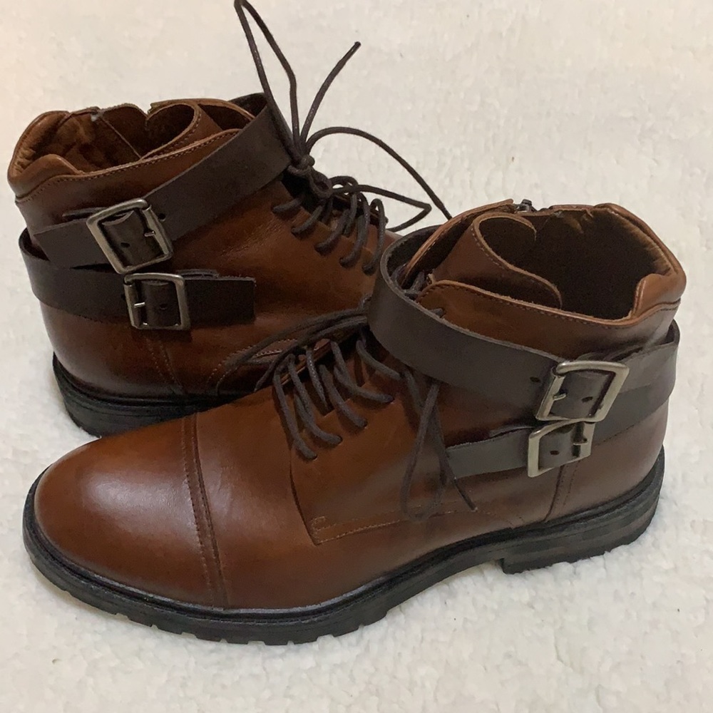 DONALD J PLINER CAILAN LEATHER BROWN DECORATIVE BUCKLE ANKLE BOOT